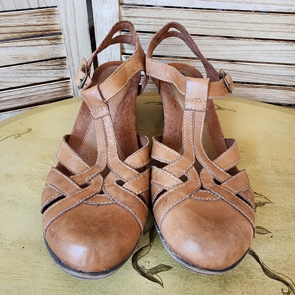 Rockport Sz 10 Brown Leather Mary Jane T-Strap Wedge Sandals Cottagecore Girly
